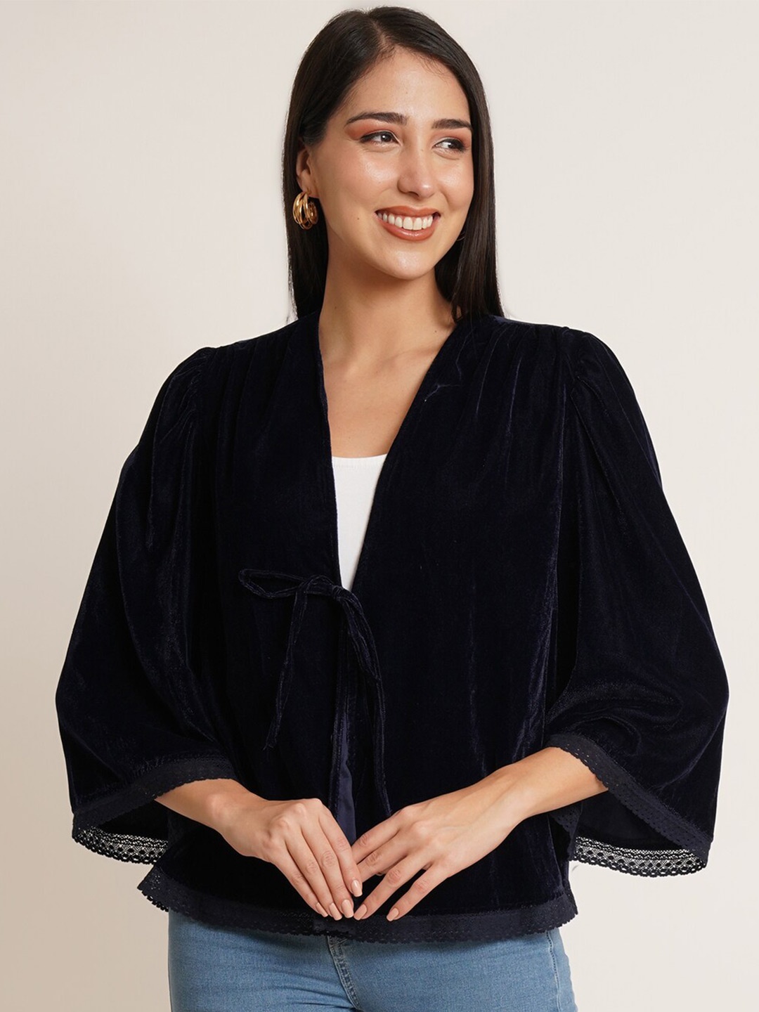 

IX IMPRESSION V-Neck Flared Sleeves Velvet Tie-Up Shrug, Navy blue