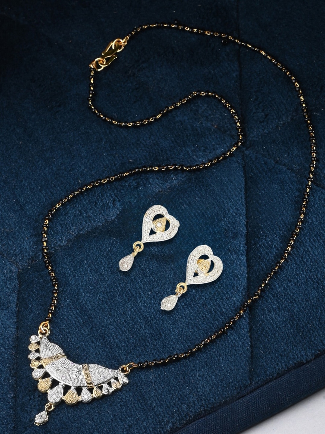 

AanyaCentric Gold-Plated American Diamond-Studded Brass Mangalsutra with Earrings