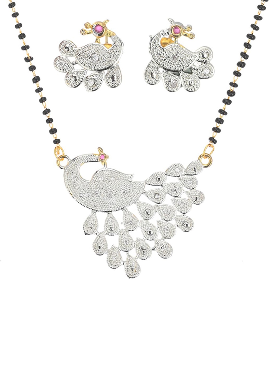 

AanyaCentric Gold-Plated American Diamond-Studded Brass Mangalsutra with Earrings