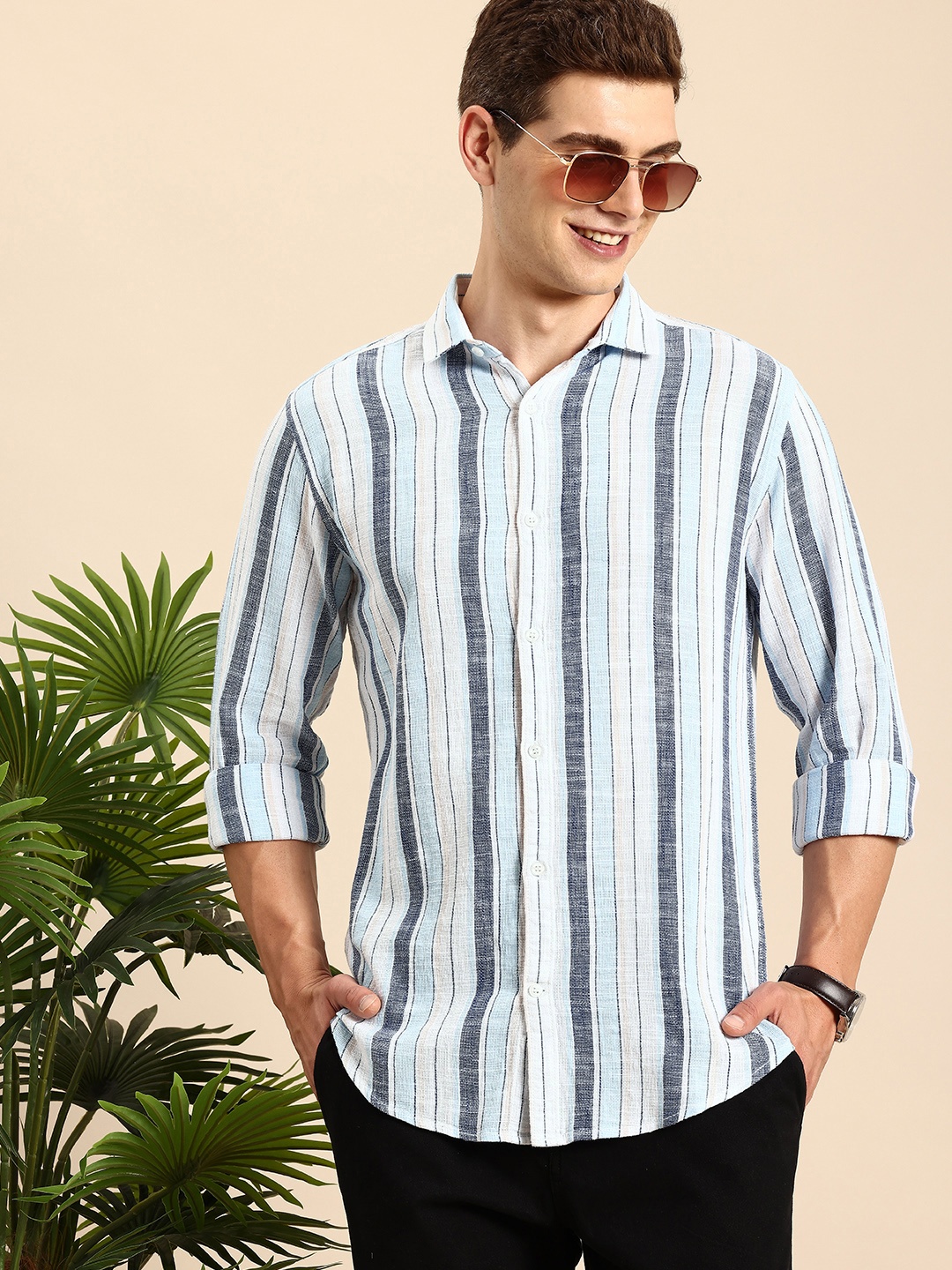 

Mast & Harbour Men Striped Pure Cotton Casual Shirt, Turquoise blue