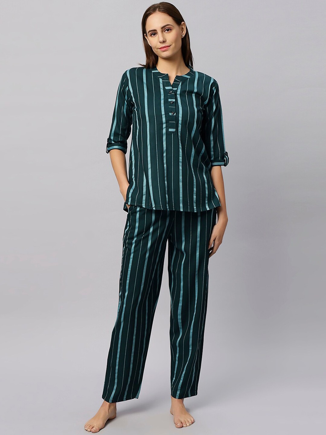 

QUIRA Striped Mandarin Collar Night Suit, Green
