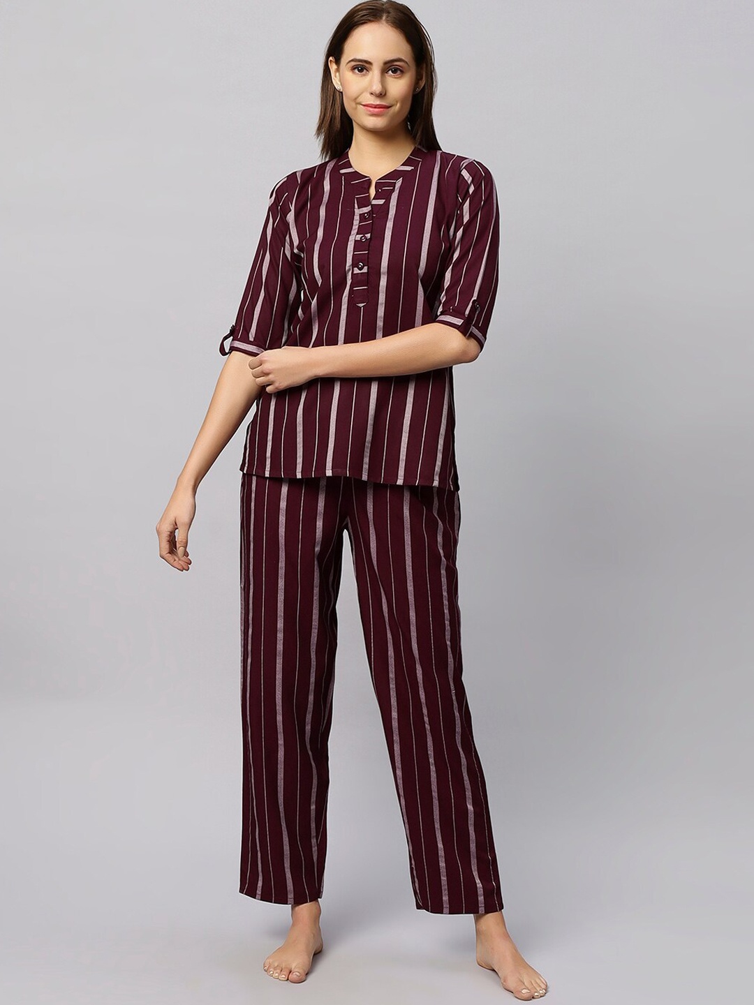 

QUIRA Striped Mandarin Collar Night Suit, Maroon