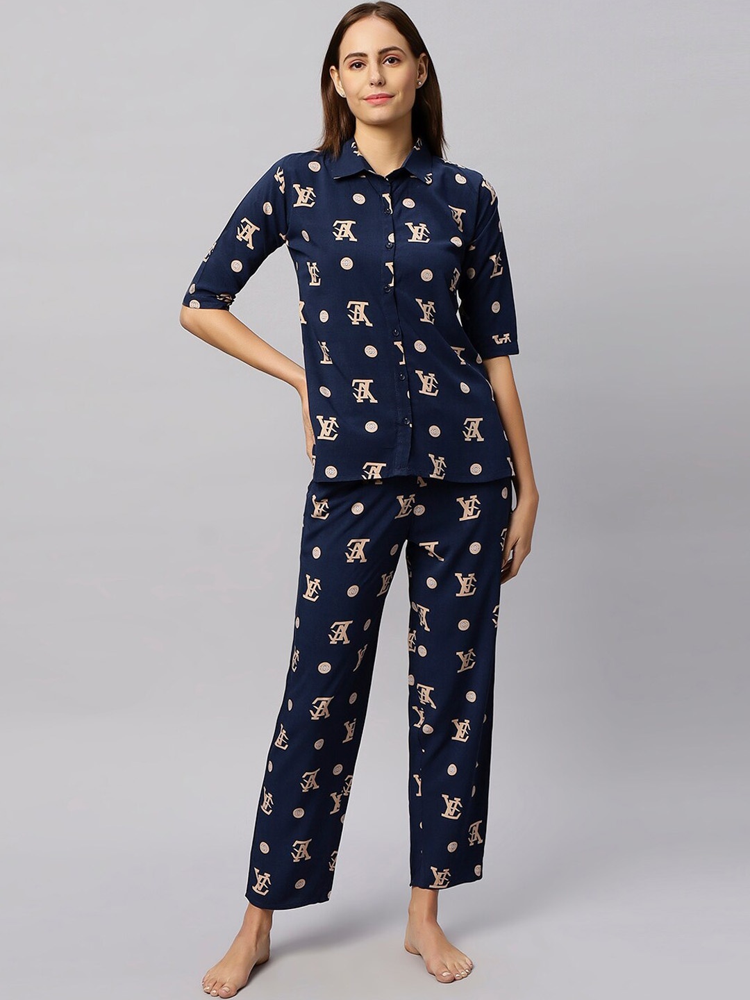 

QUIRA Conversational Printed Night Suit, Blue