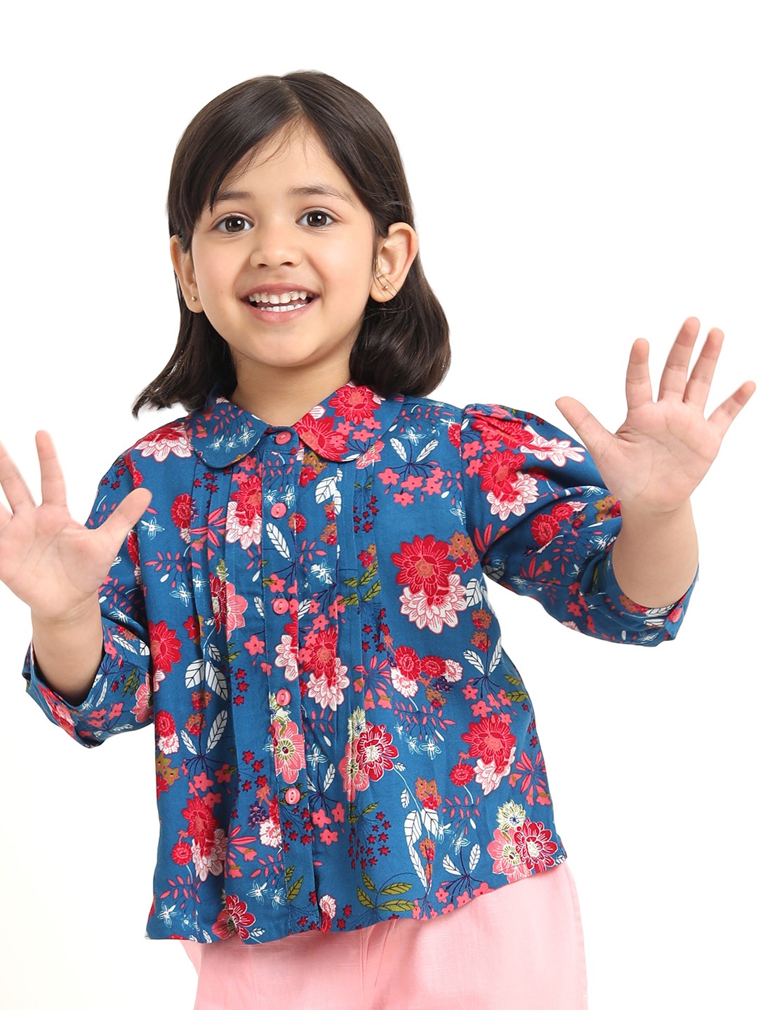 

Campana Girls Floral Printed Peter Pan Collar Pleated Shirt Style Top, Navy blue