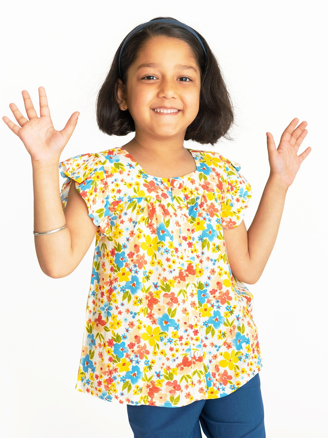 

Campana Girls Floral Printed Flutter Sleeve Top, White