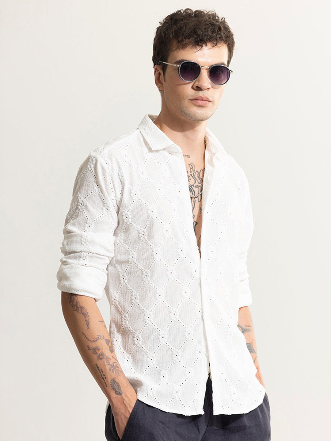 

Snitch White Classic Self Design Sciffli Spread Collar Casual Shirt