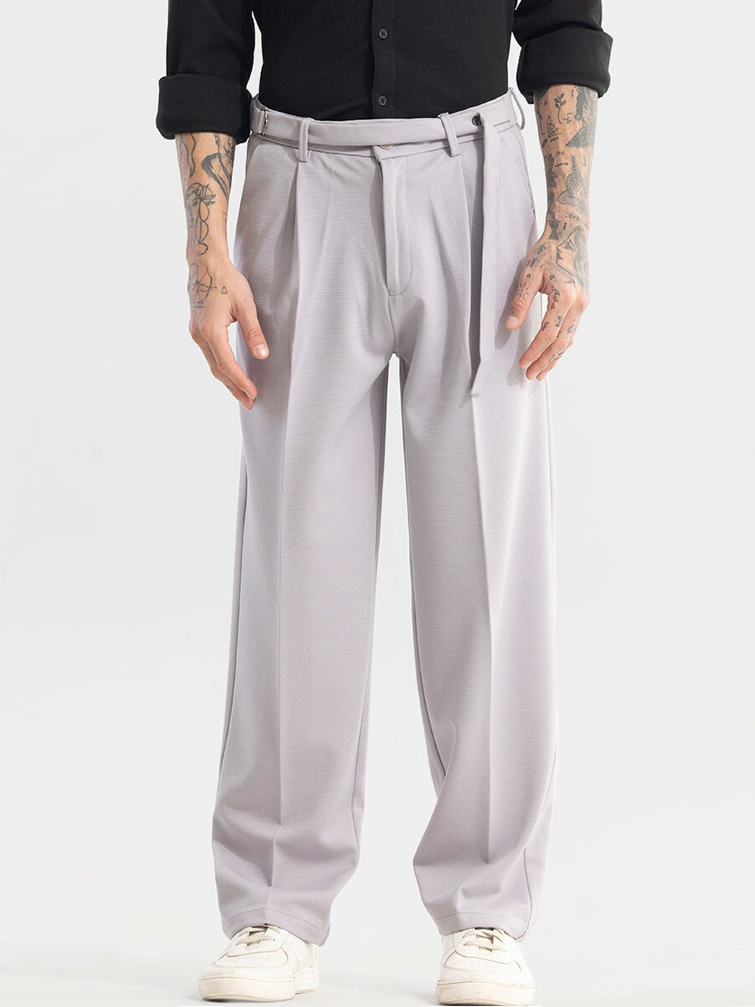 

Snitch Men Grey Smart Loose Fit Cotton Pleated Trousers