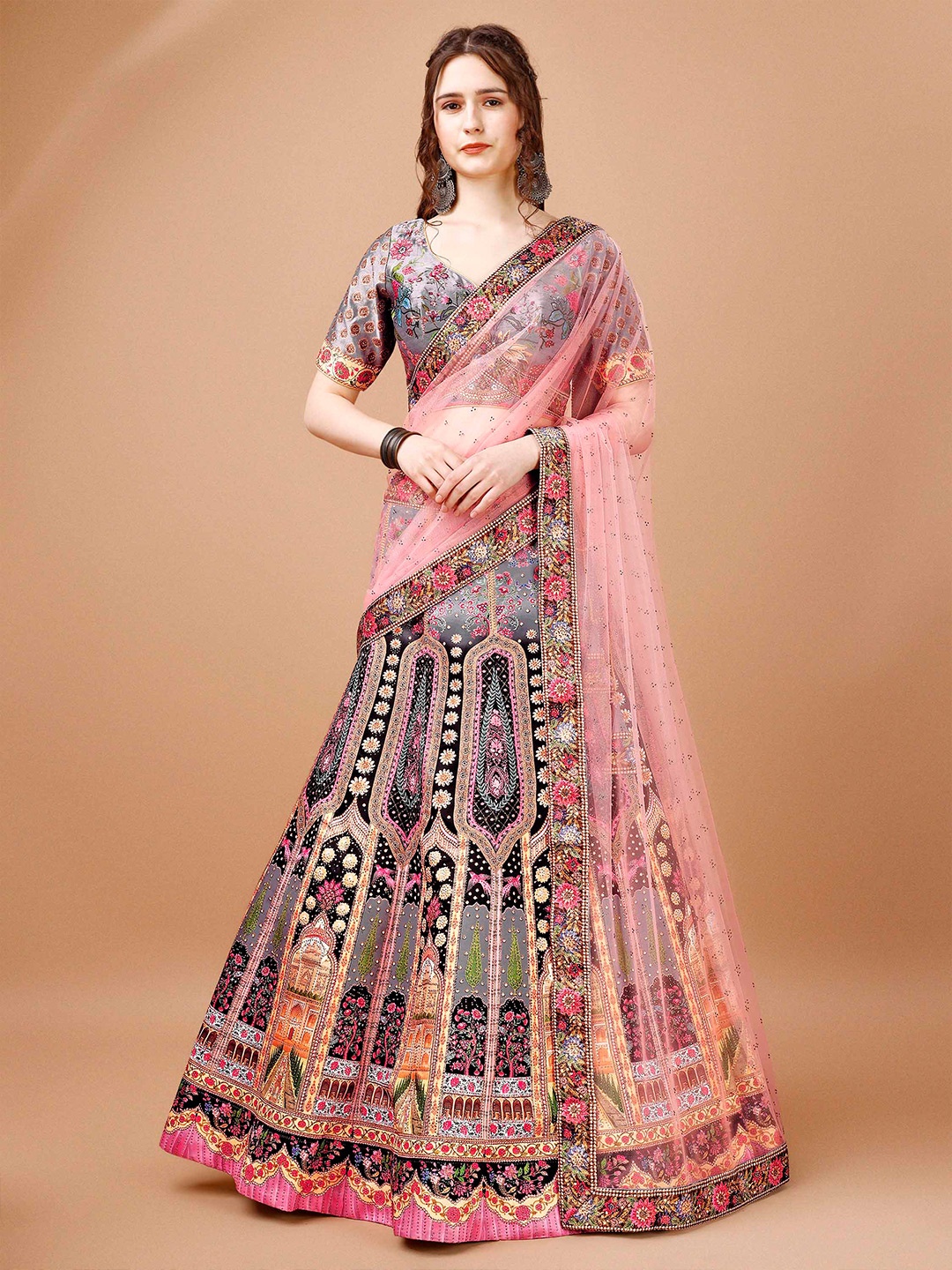 

SAPTRANGI Embellished Ready to Wear Lehenga & Blouse With Dupatta, Grey