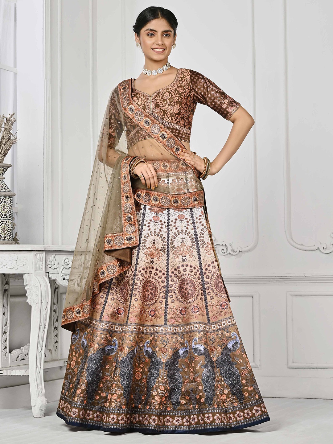 

SAPTRANGI Embellished Ready to Wear Lehenga & Blouse With Dupatta, Brown