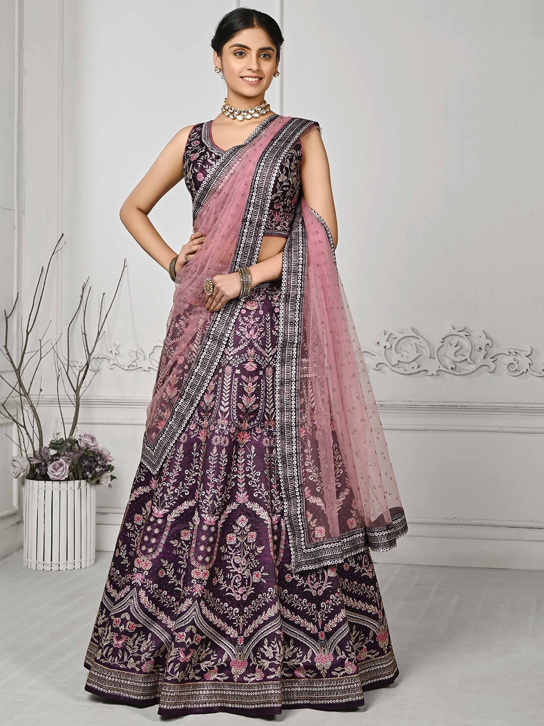 

SAPTRANGI Embellished Ready to Wear Lehenga & Blouse With Dupatta, Purple
