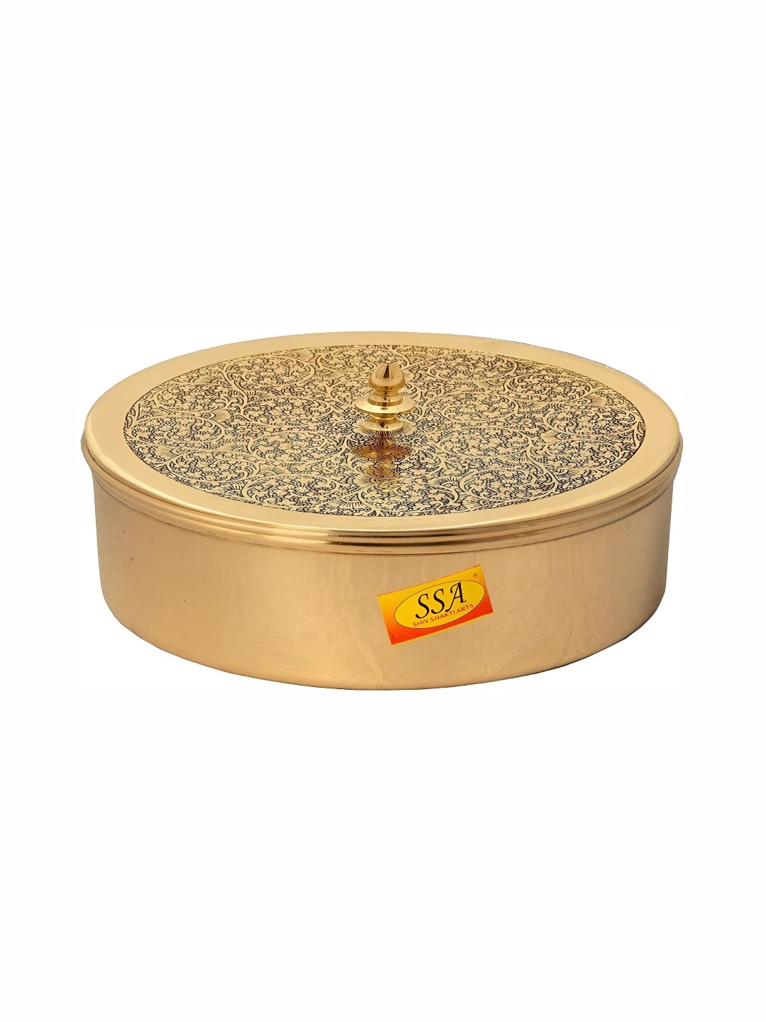 

Shivshakti Arts Yellow Engraved Embossed Brass Spice Box