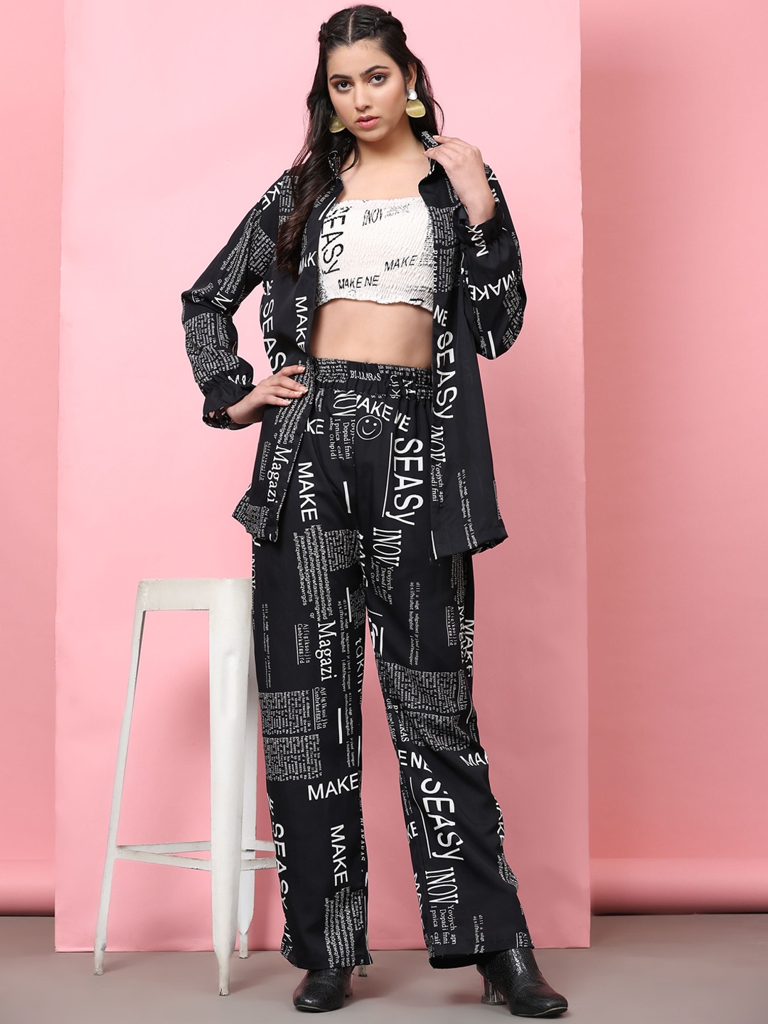 

Phenav Typography Printed 3-Piece Co-ord Set, Black