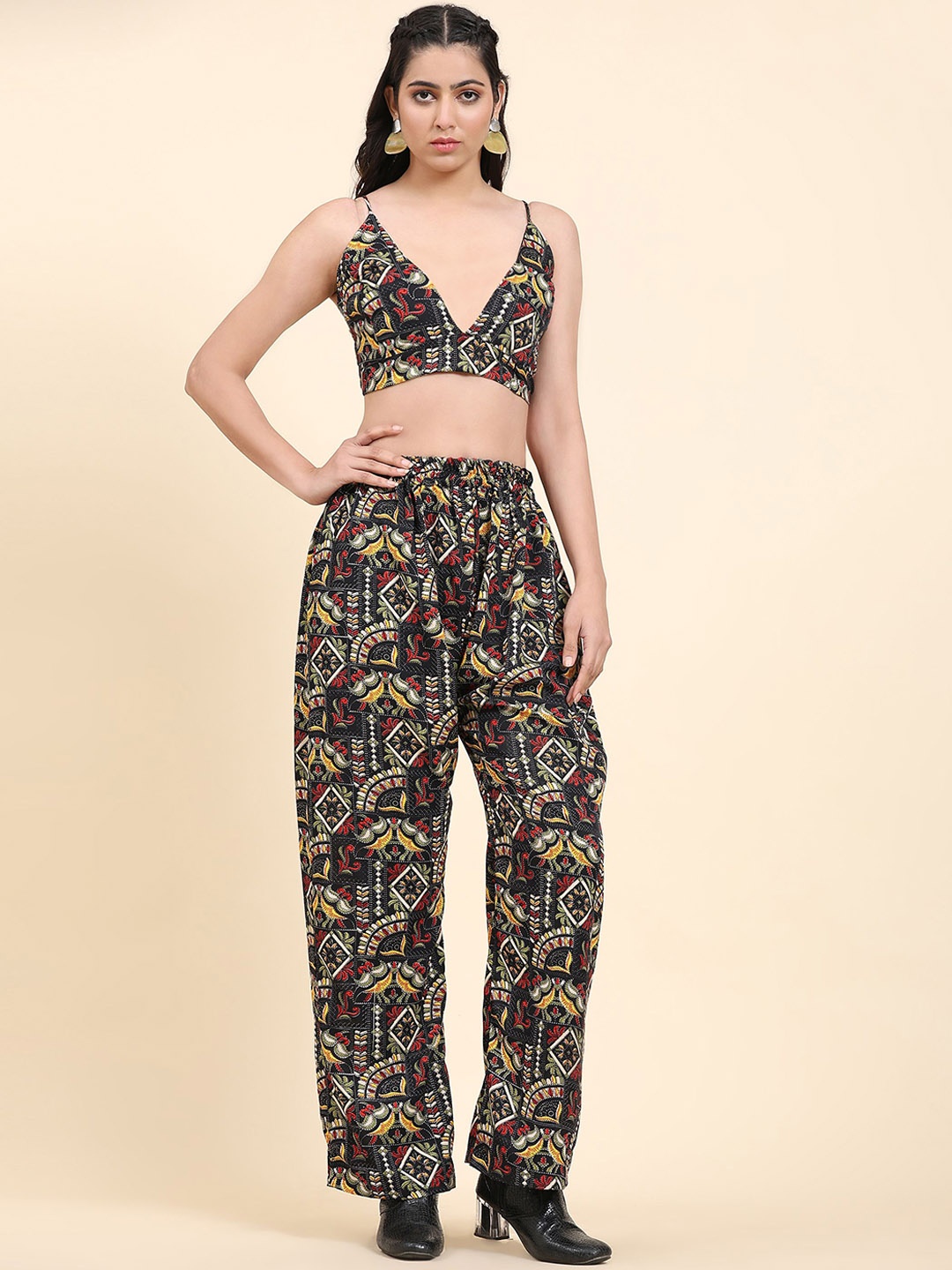 

Phenav Ethnic Printed Shoulder Strap Co-Ords Set With Jacket, Black