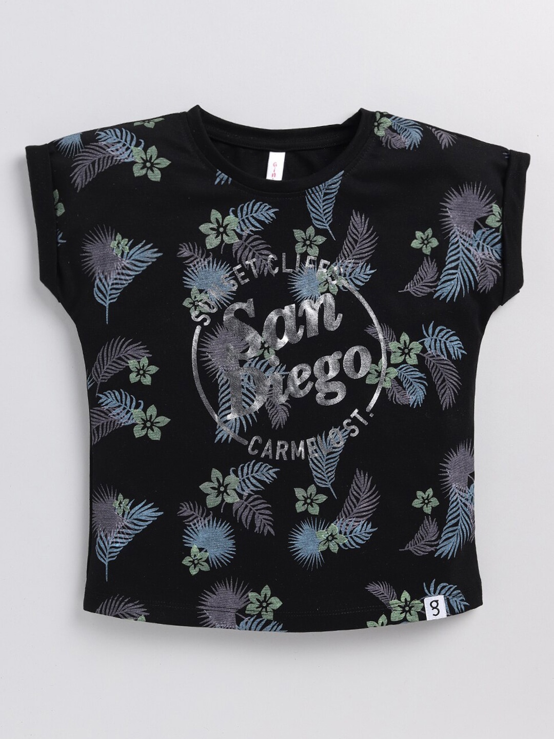 

Ginie Girls Floral Printed Round Neck Cap Sleeves Top, Black