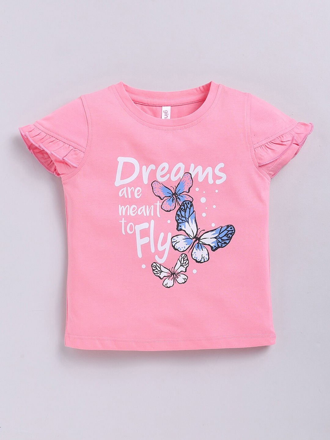 

Ginie Girls Typography Printed Cap Sleeves Ruffed Top, Pink