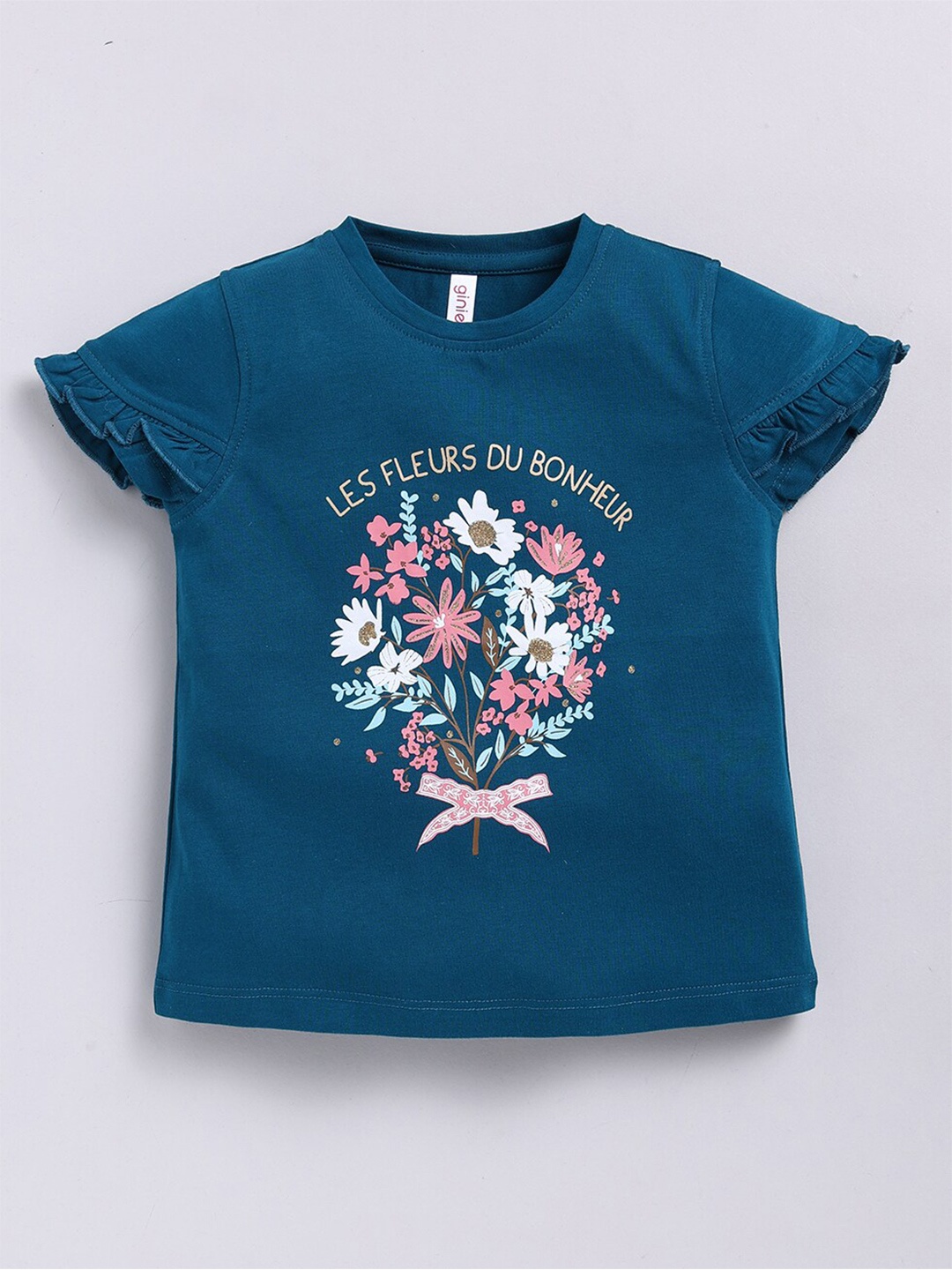 

Ginie Girls Floral Printed Cap Sleeves Ruffed Top, Teal