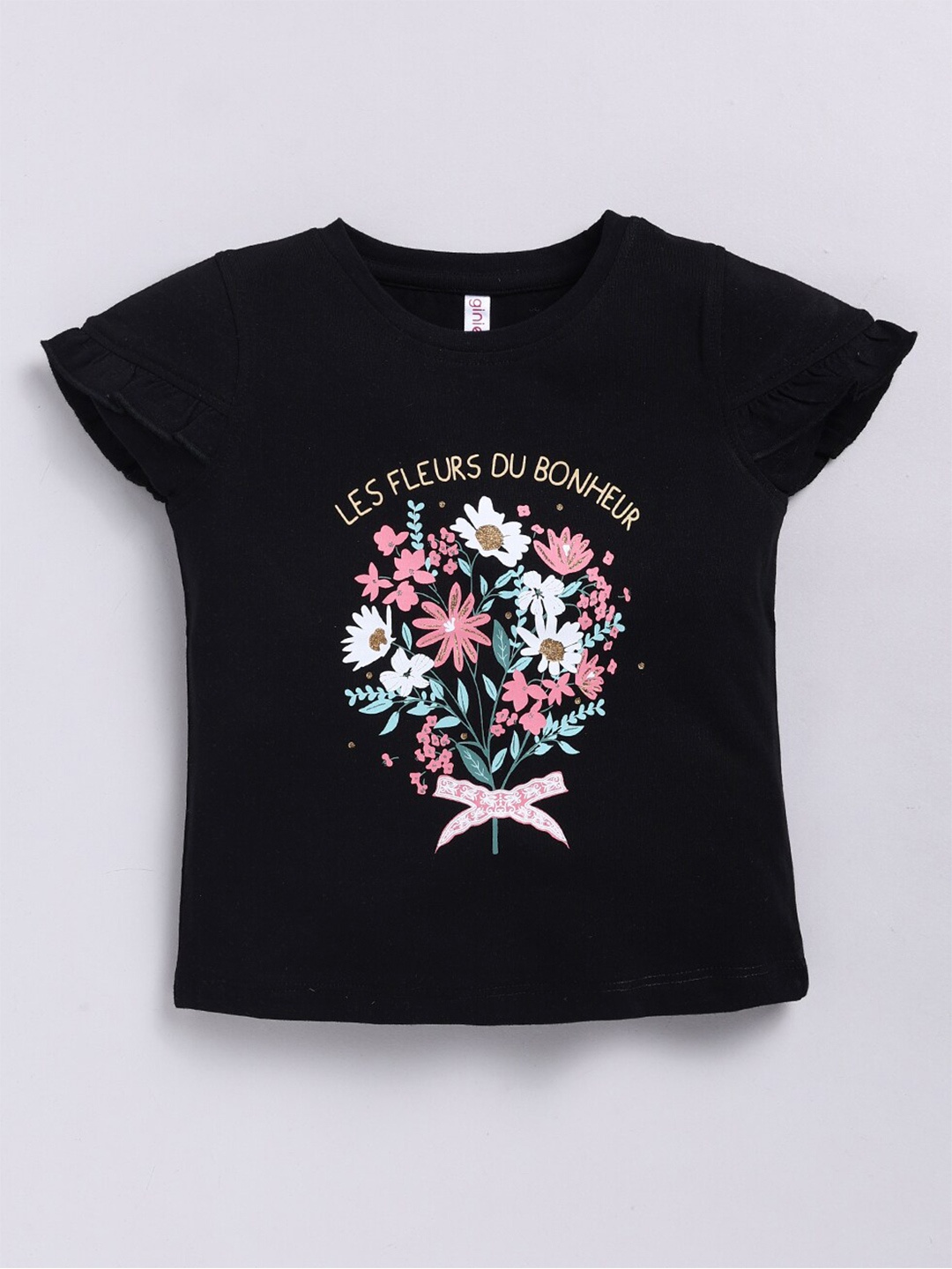 

Ginie Girls Floral Printed Cap Sleeves Top, Black