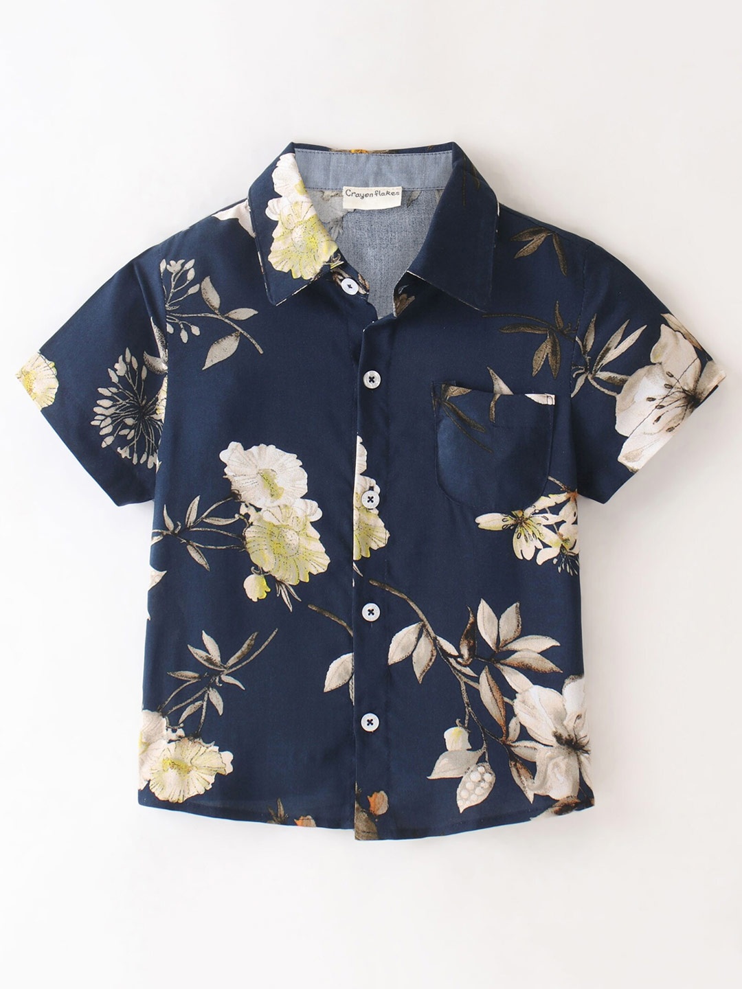 

CrayonFlakes Boys Floral Printed Short Sleeves Casual Shirt, Navy blue