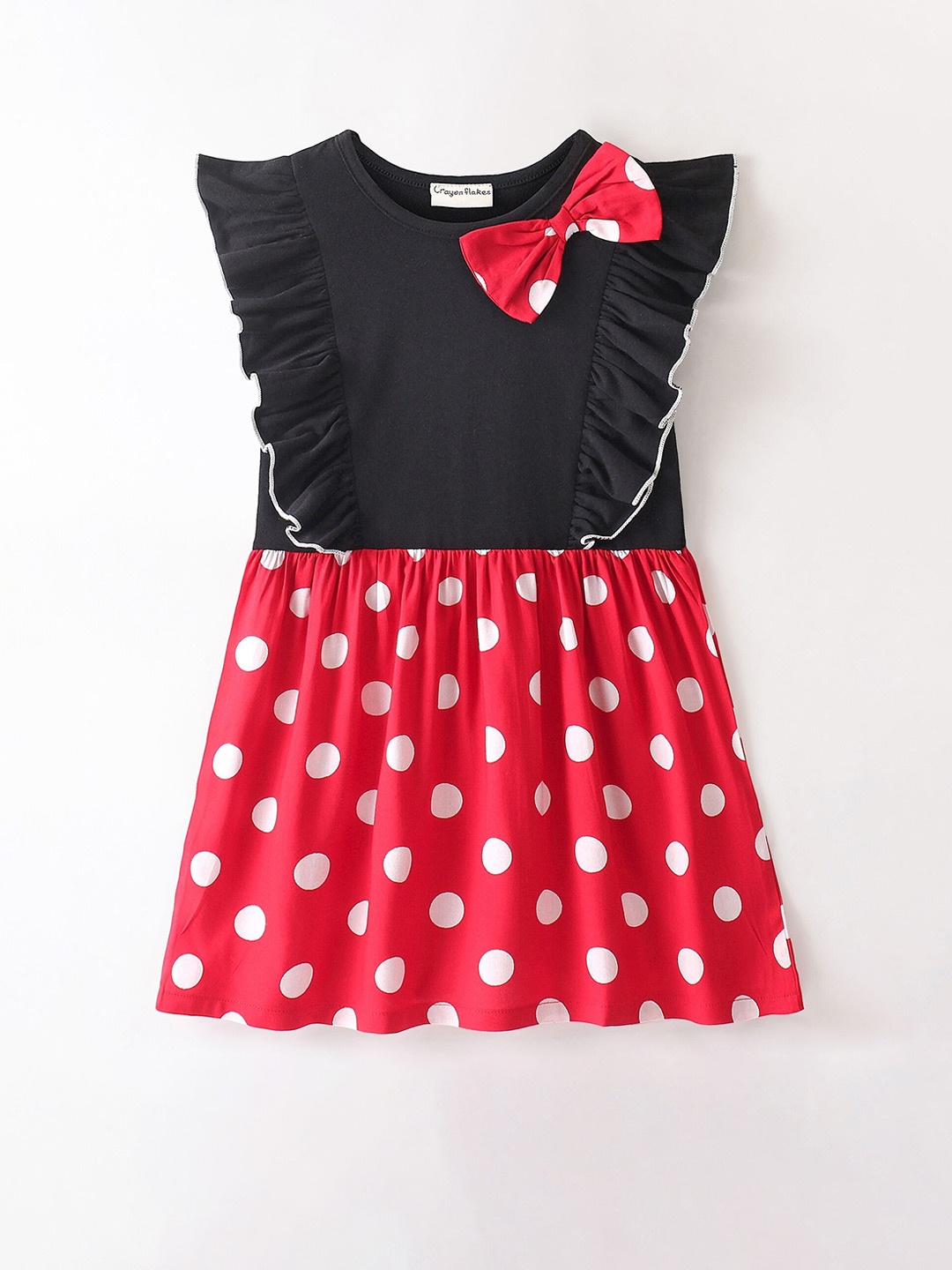 

CrayonFlakes Girls Polka Dot Print Flutter Sleeve Bow Detailed Cotton Fit & Flare Dress, Red