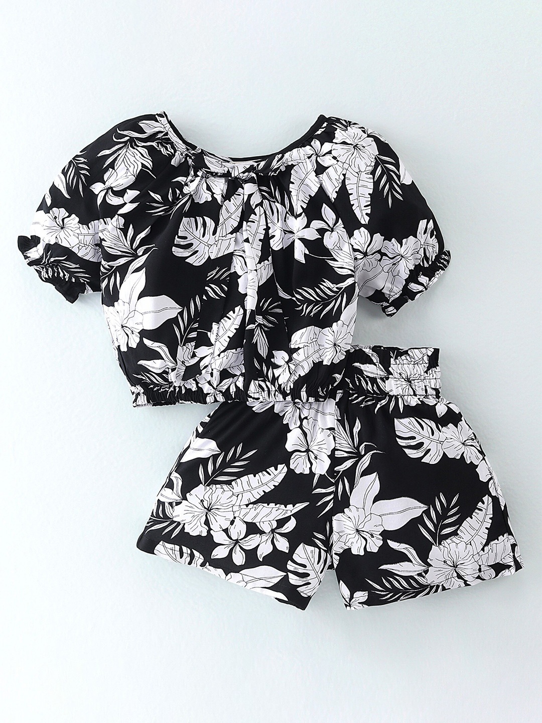 

CrayonFlakes Girls Printed Top with Shorts, Black