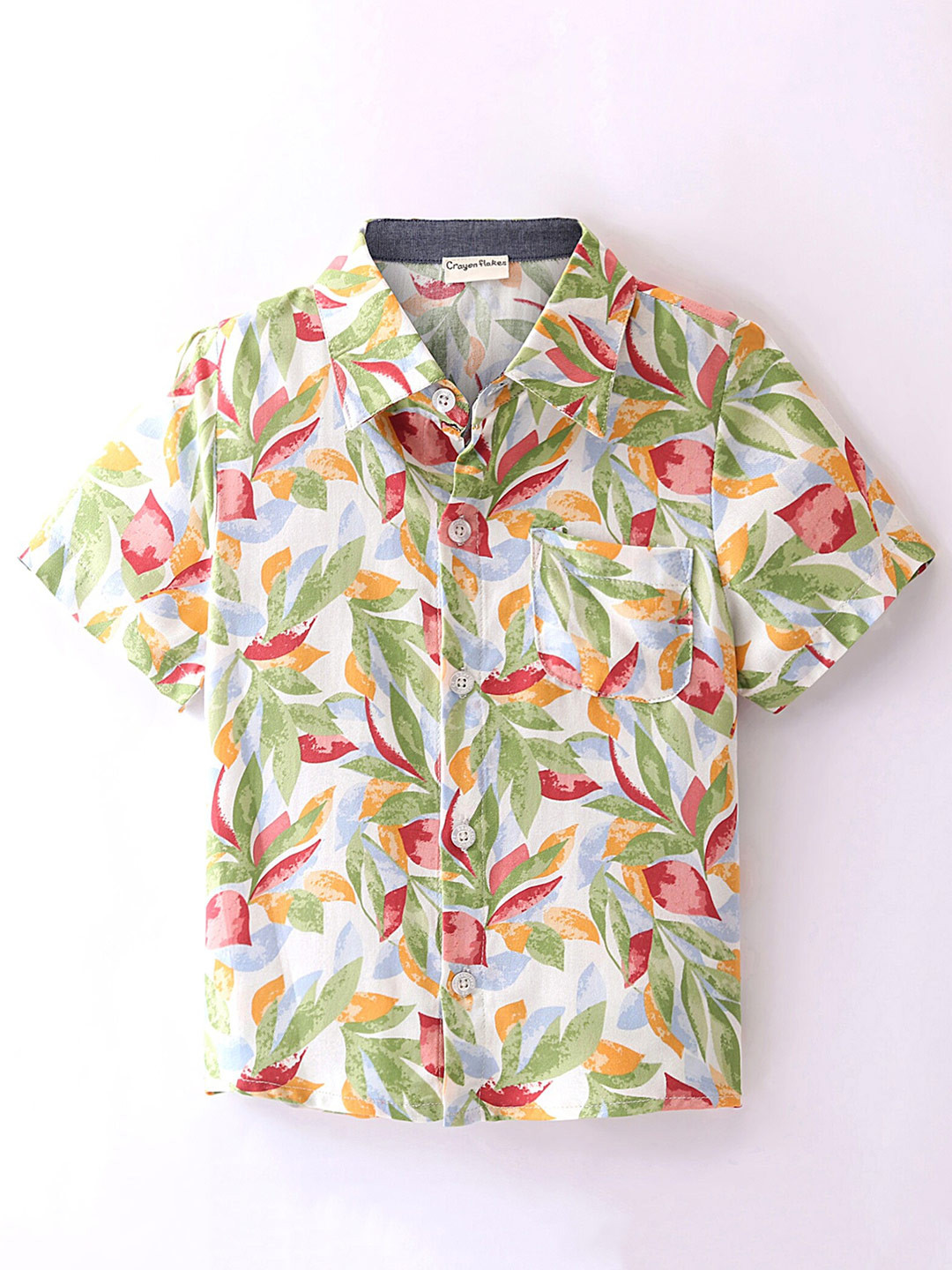 

CrayonFlakes Boys Tropical Printed Short Sleeves Casual Shirt, Off white