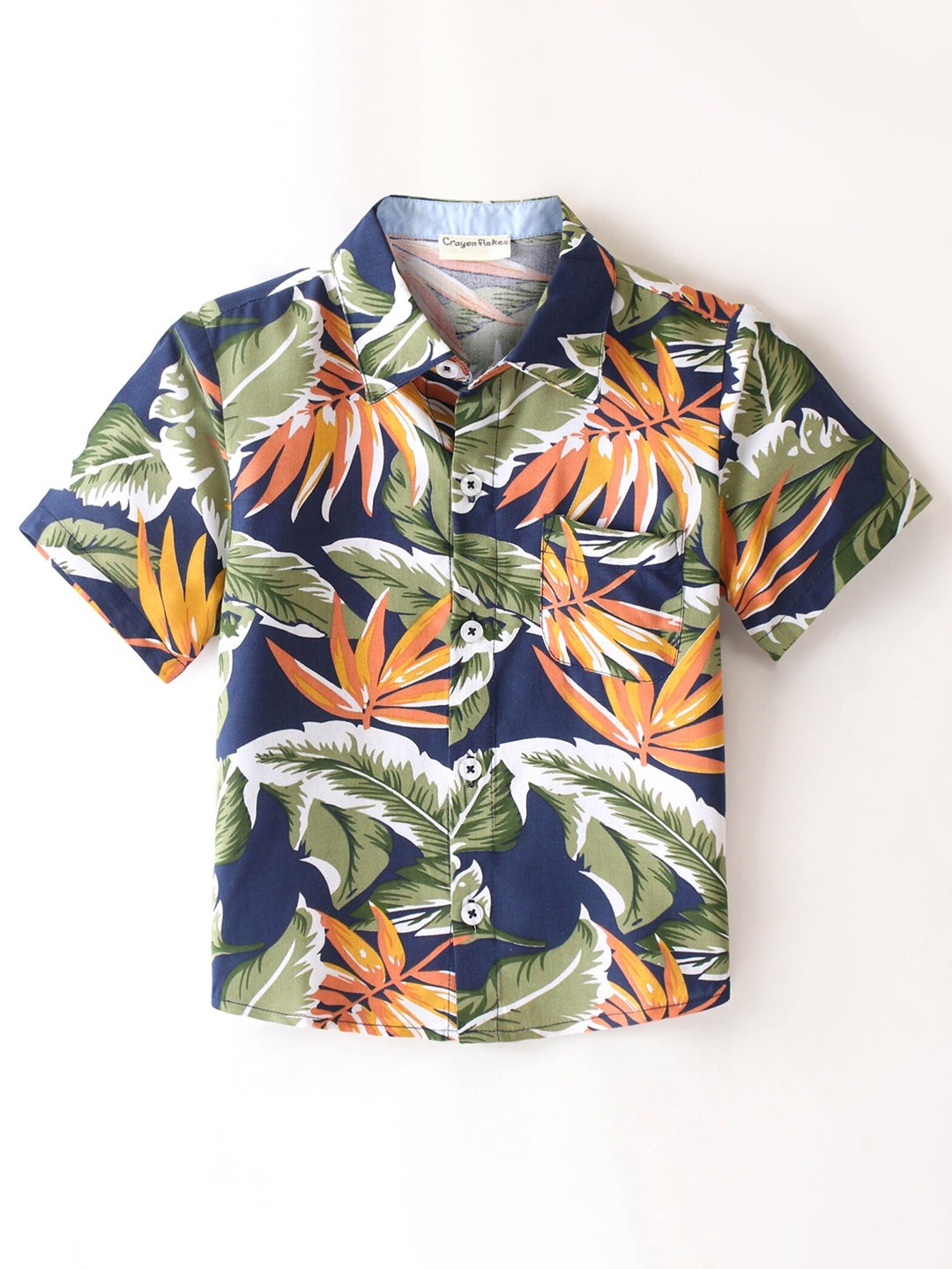 

CrayonFlakes Boys Tropical Printed Short Sleeves Casual Shirt, Navy blue