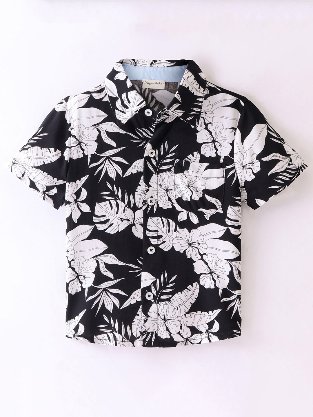 

CrayonFlakes Boys Tropical Printed Short Sleeves Casual Shirt, Black