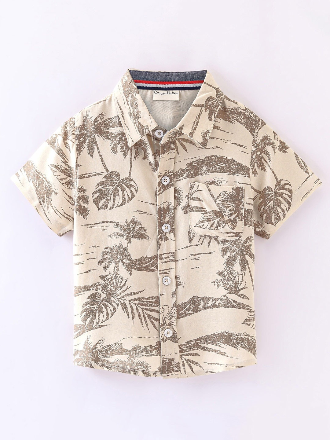 

CrayonFlakes Boys Tropical Printed Short Sleeves Casual Shirt, Beige