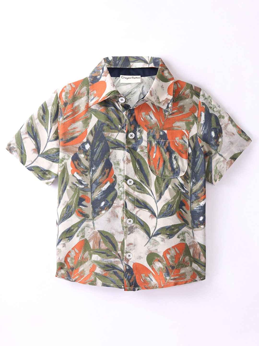 

CrayonFlakes Boys Tropical Printed Short Sleeves Casual Shirt, Off white