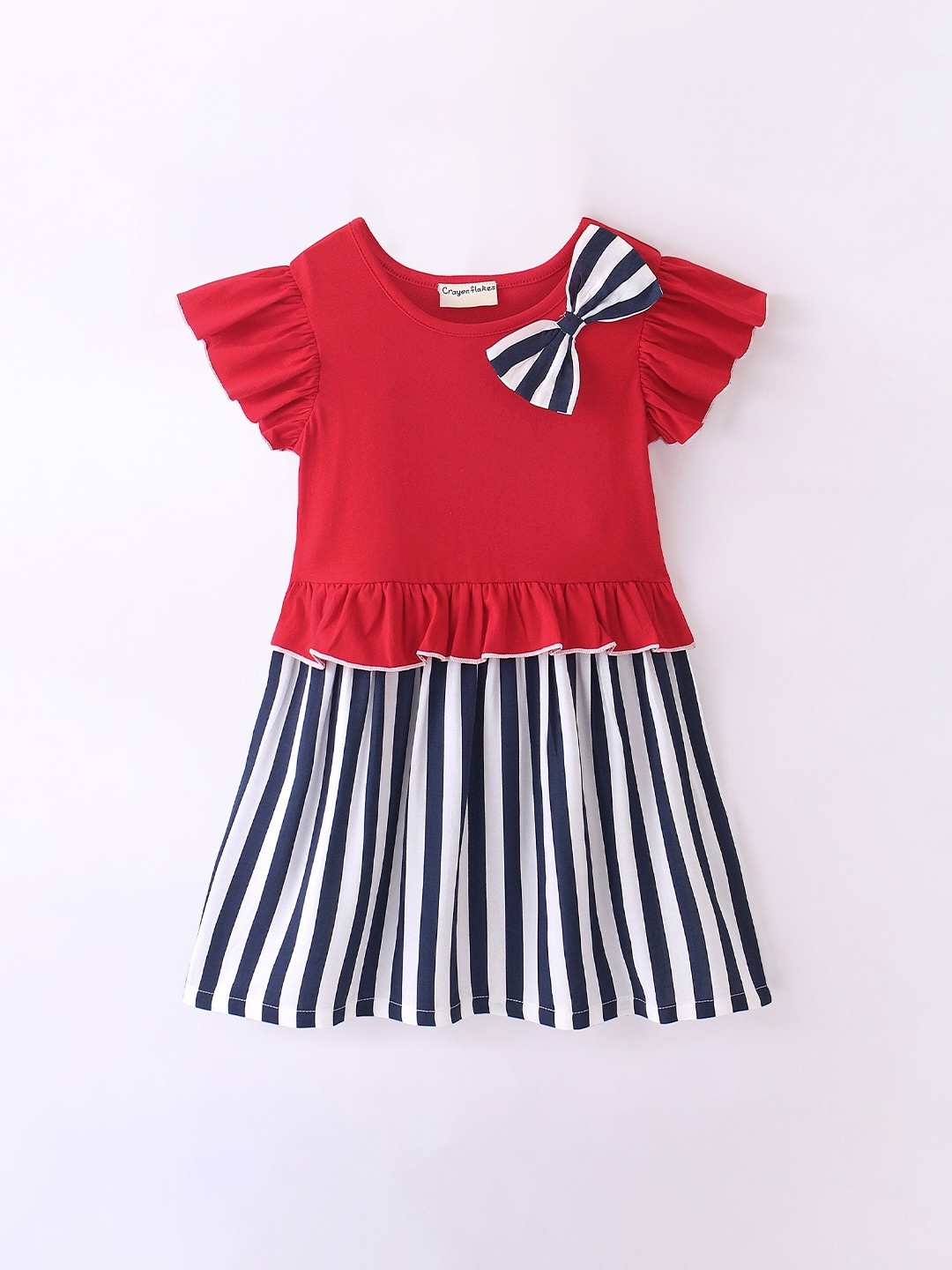 

CrayonFlakes Girls Striped Flutter Sleeve Bow Detailed Cotton Fit & Flare Dress, Red