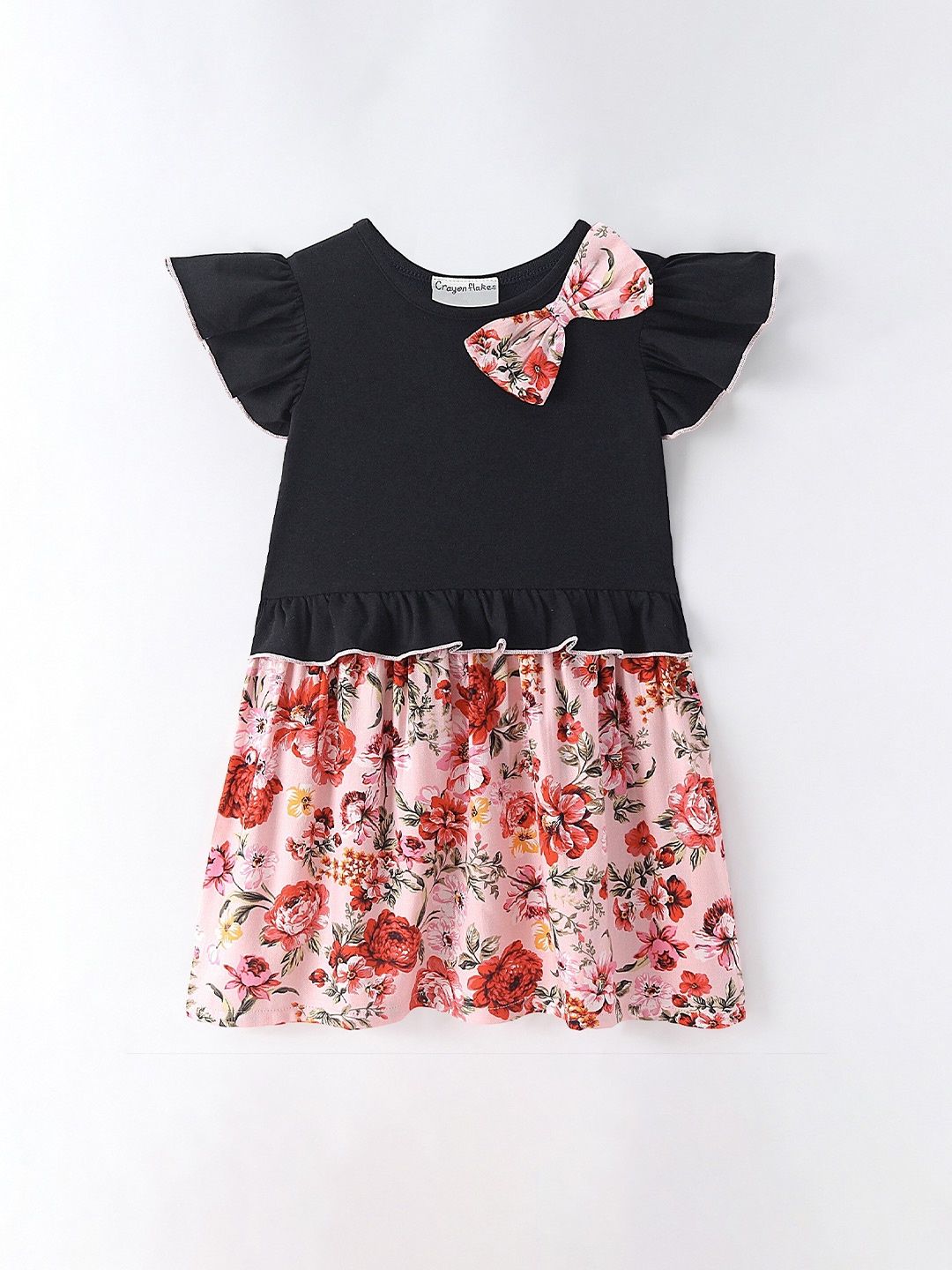 

CrayonFlakes Girls Ruffled Floral Print Flared Sleeve Fit & Flare Cotton Dress, Pink