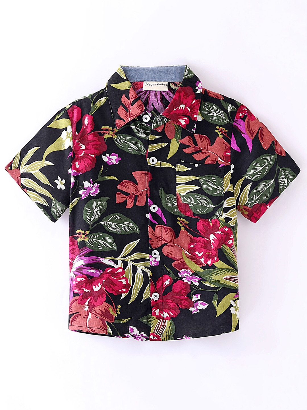 

CrayonFlakes Boys Tropical Printed Short Sleeves Casual Shirt, Black