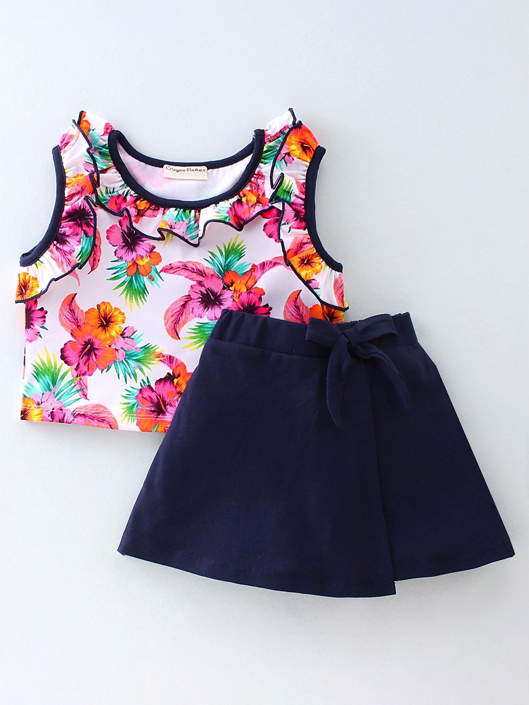 

CrayonFlakes Girls Printed Top with Shorts, Off white