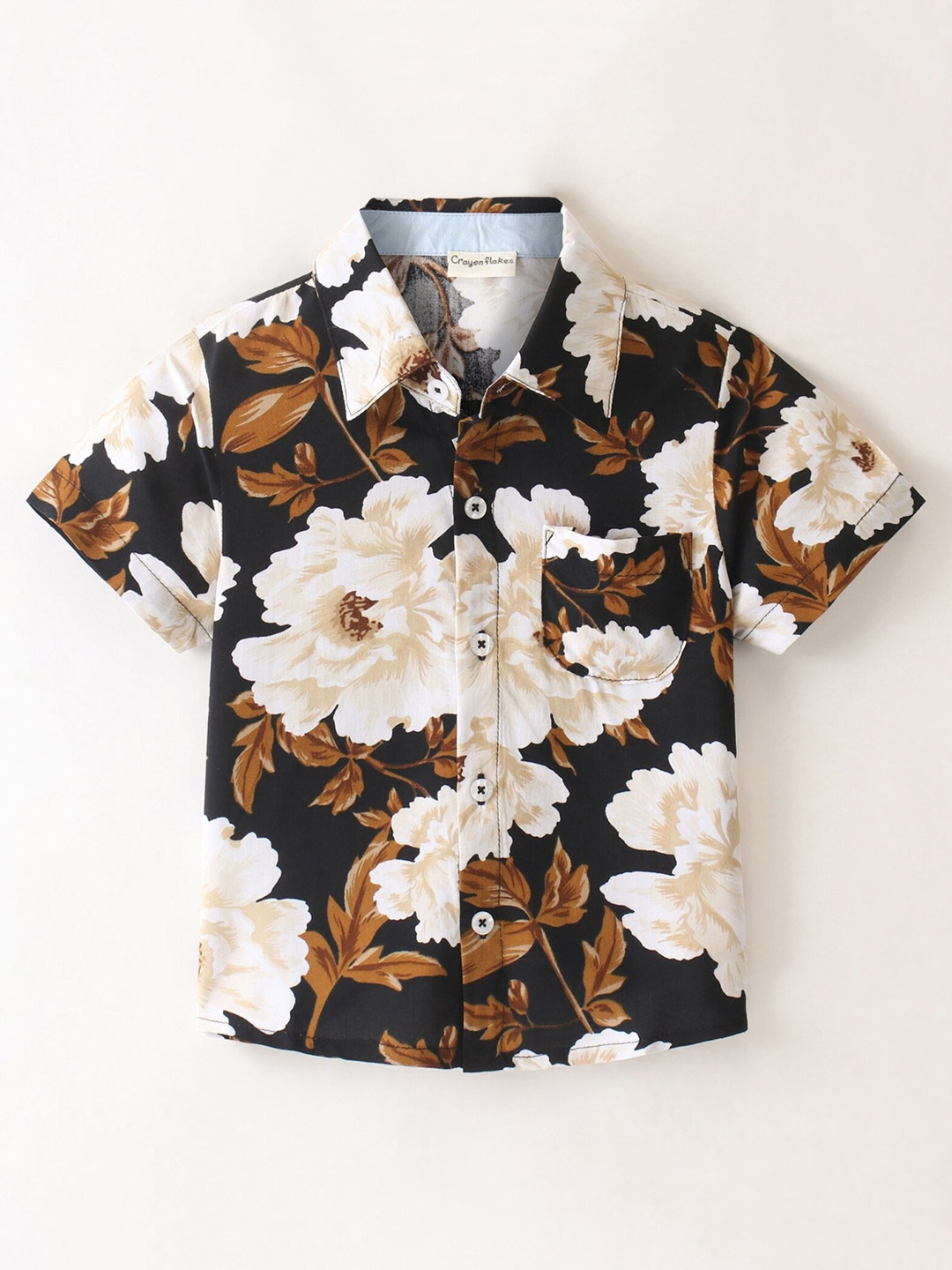 

CrayonFlakes Boys Floral Printed Short Sleeves Casual Shirt, Black