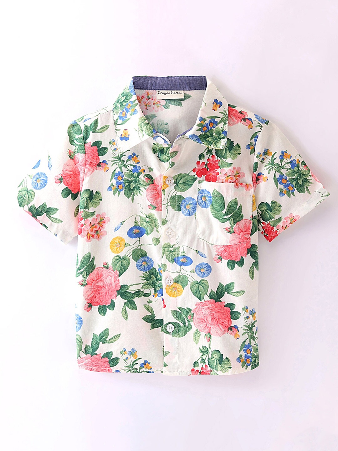 

CrayonFlakes Boys Floral Printed Short Sleeves Casual Shirt, Off white