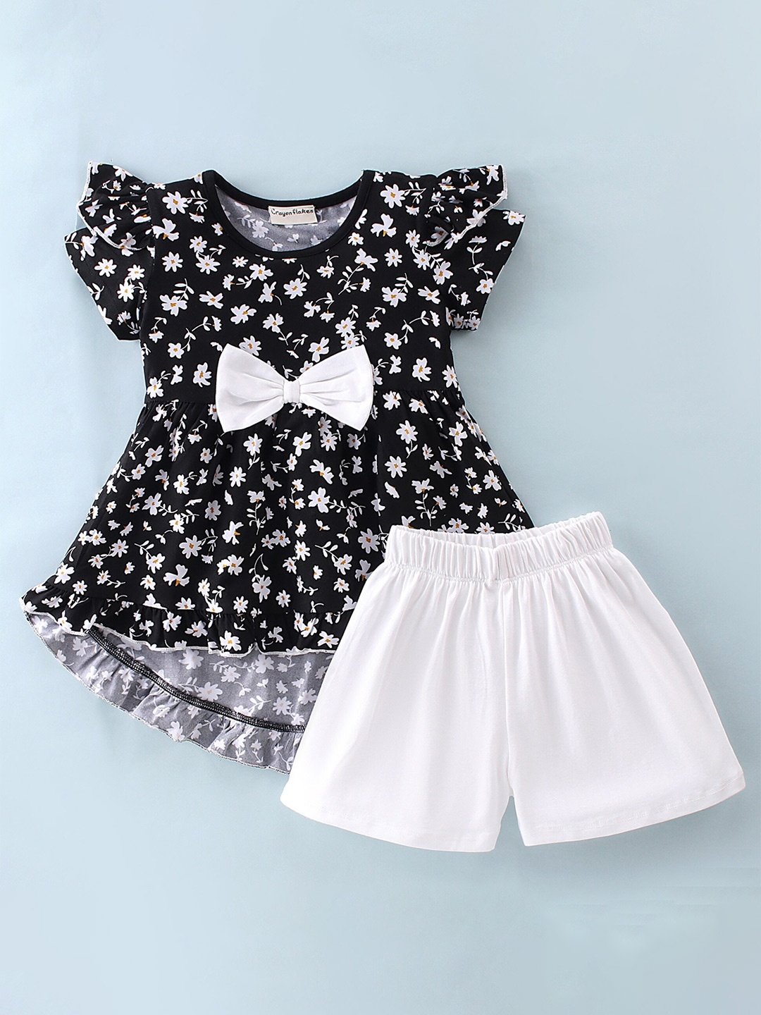 

CrayonFlakes Girls Printed Top with Shorts, Black