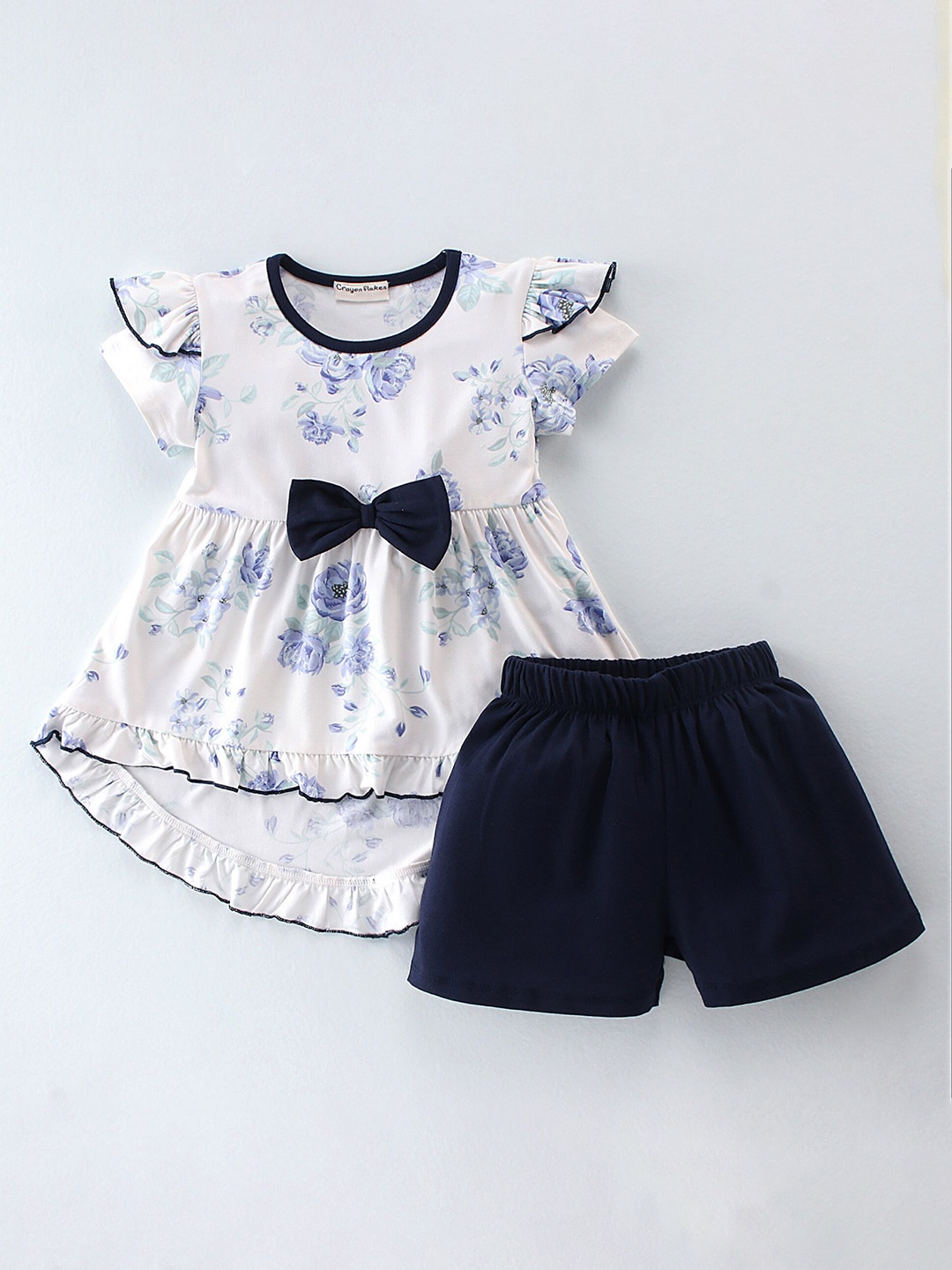 

CrayonFlakes Girls Printed Top with Shorts, Off white