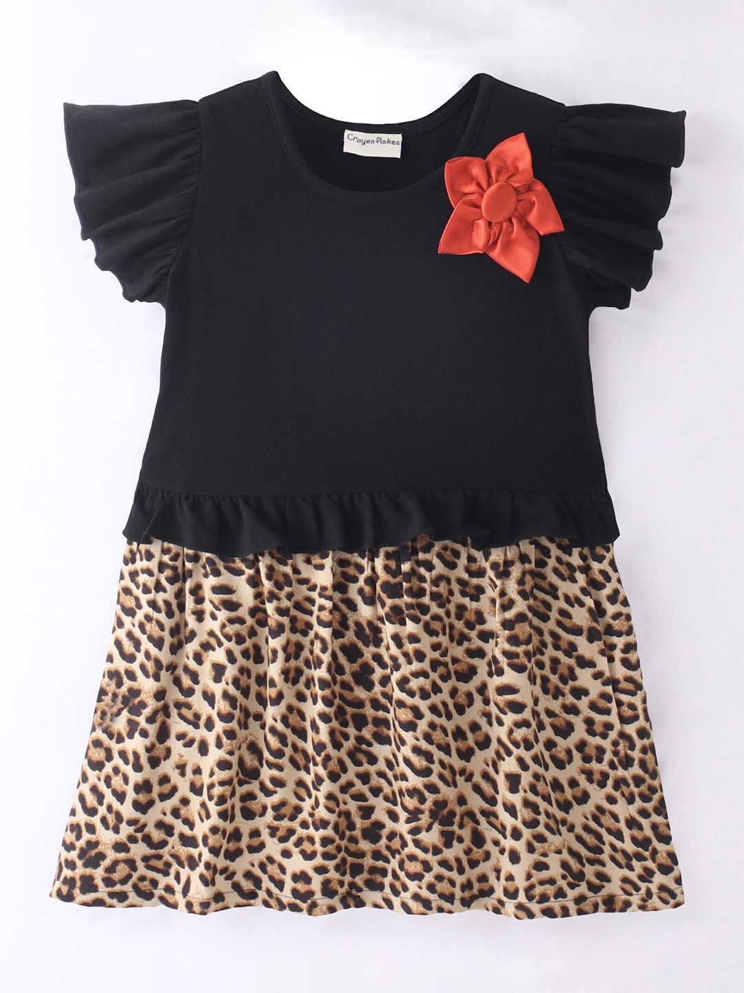 

CrayonFlakes Girls Animal Print Flutter Sleeve Cotton Fit & Flare Dress, Black