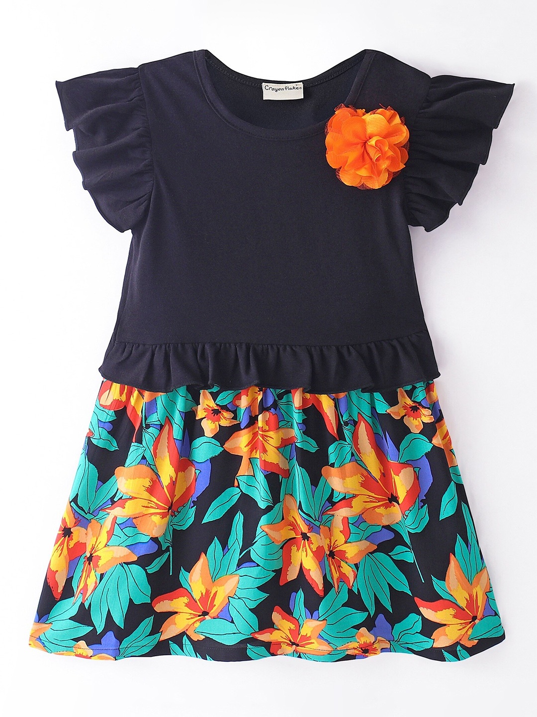 

CrayonFlakes Girls Floral Print Flutter Sleeve Cotton Fit & Flare Dress, Navy blue