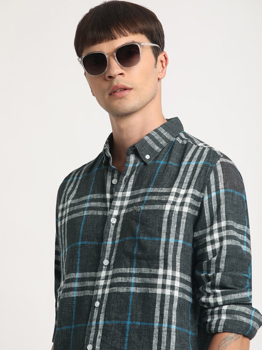 

THE BEAR HOUSE Slim Fit Tartan Checked Button Down Collar Twill Casual Shirt, Grey