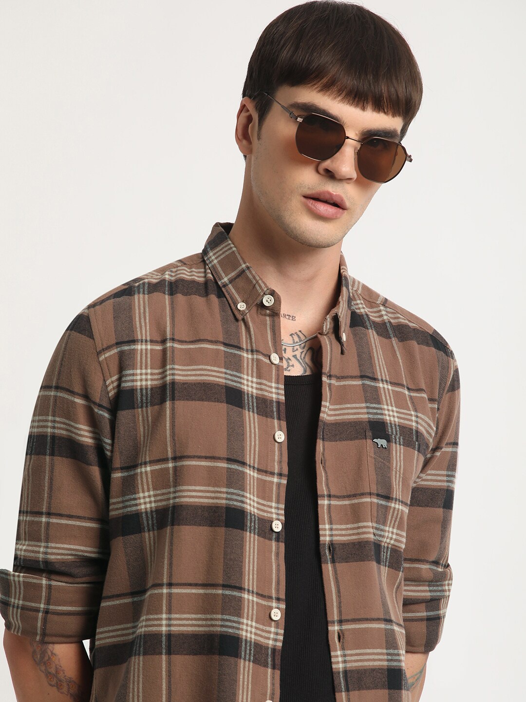 

THE BEAR HOUSE Slim Fit Tartan Checked Button-Down Collar Flannel Weave Casual Shirt, Brown