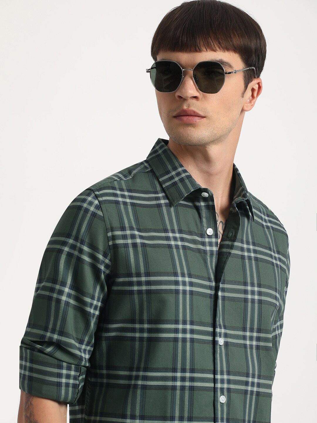 

THE BEAR HOUSE Slim Fit Tartan Checked Casual Shirt, Green