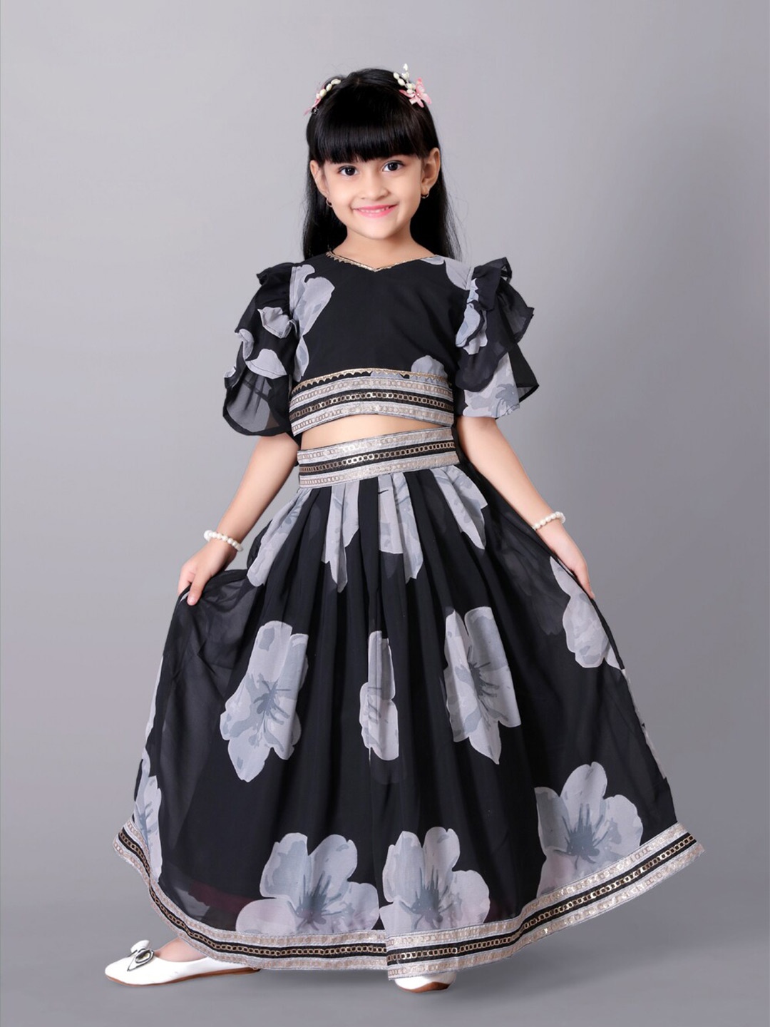 

BAESD Girls Printed Flared Sleeves Silk & Georgette Ready to Wear Lehenga With Blouse, Black