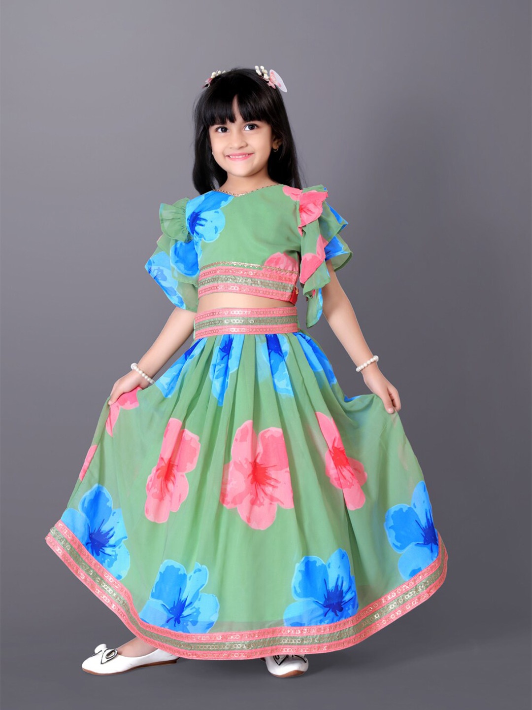 

BAESD Girls Printed Flared Sleeves Silk & Georgette Ready to Wear Lehenga With Blouse, Green