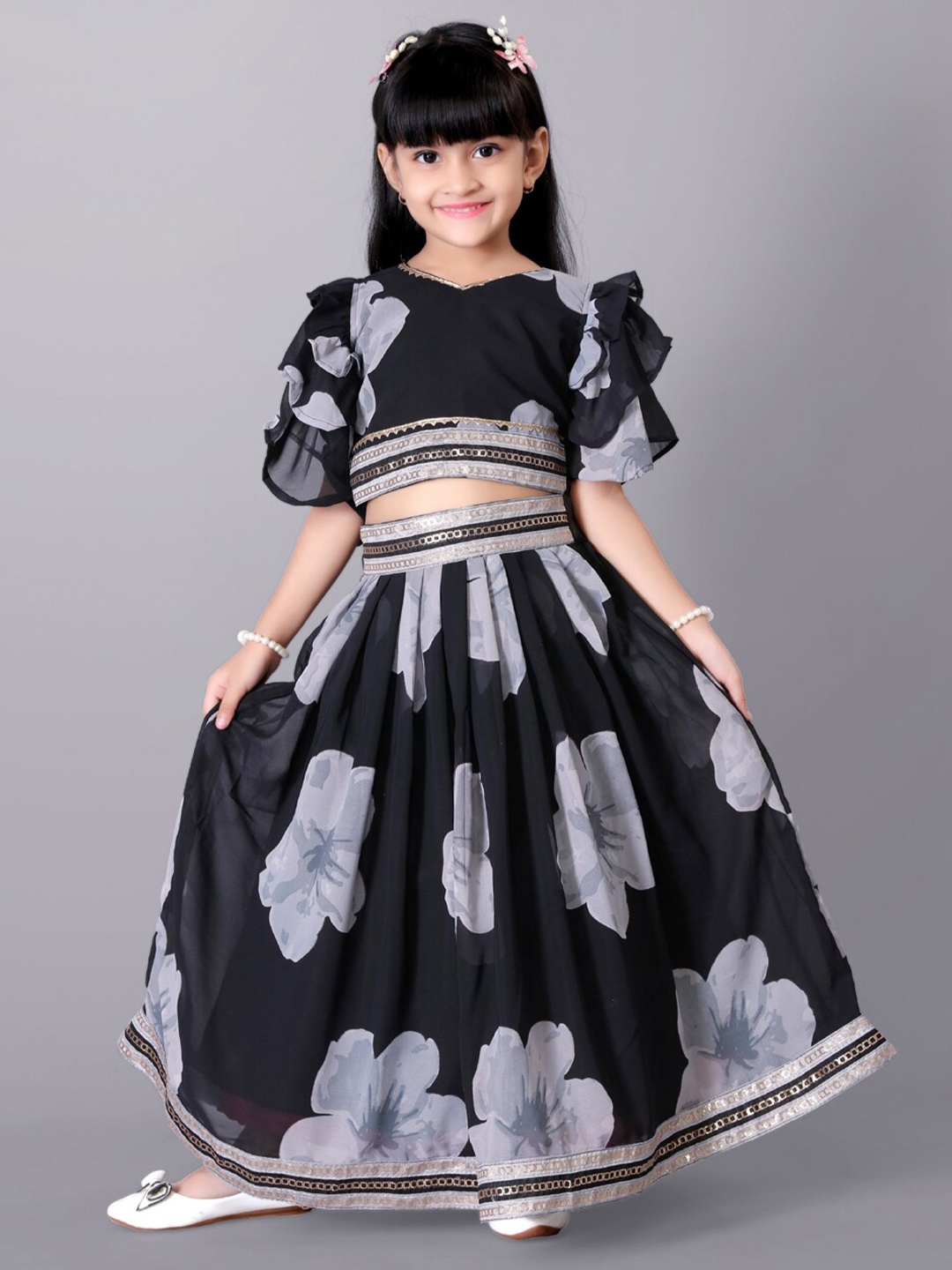 

BAESD Girls Printed Flared Sleeves Silk & Georgette Ready to Wear Lehenga With Blouse, Black