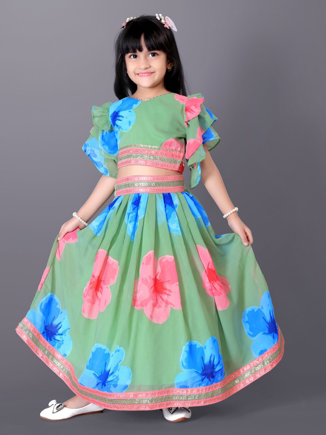 

BAESD Girls Printed Flared Sleeves Silk & Georgette Ready to Wear Lehenga With Blouse, Green