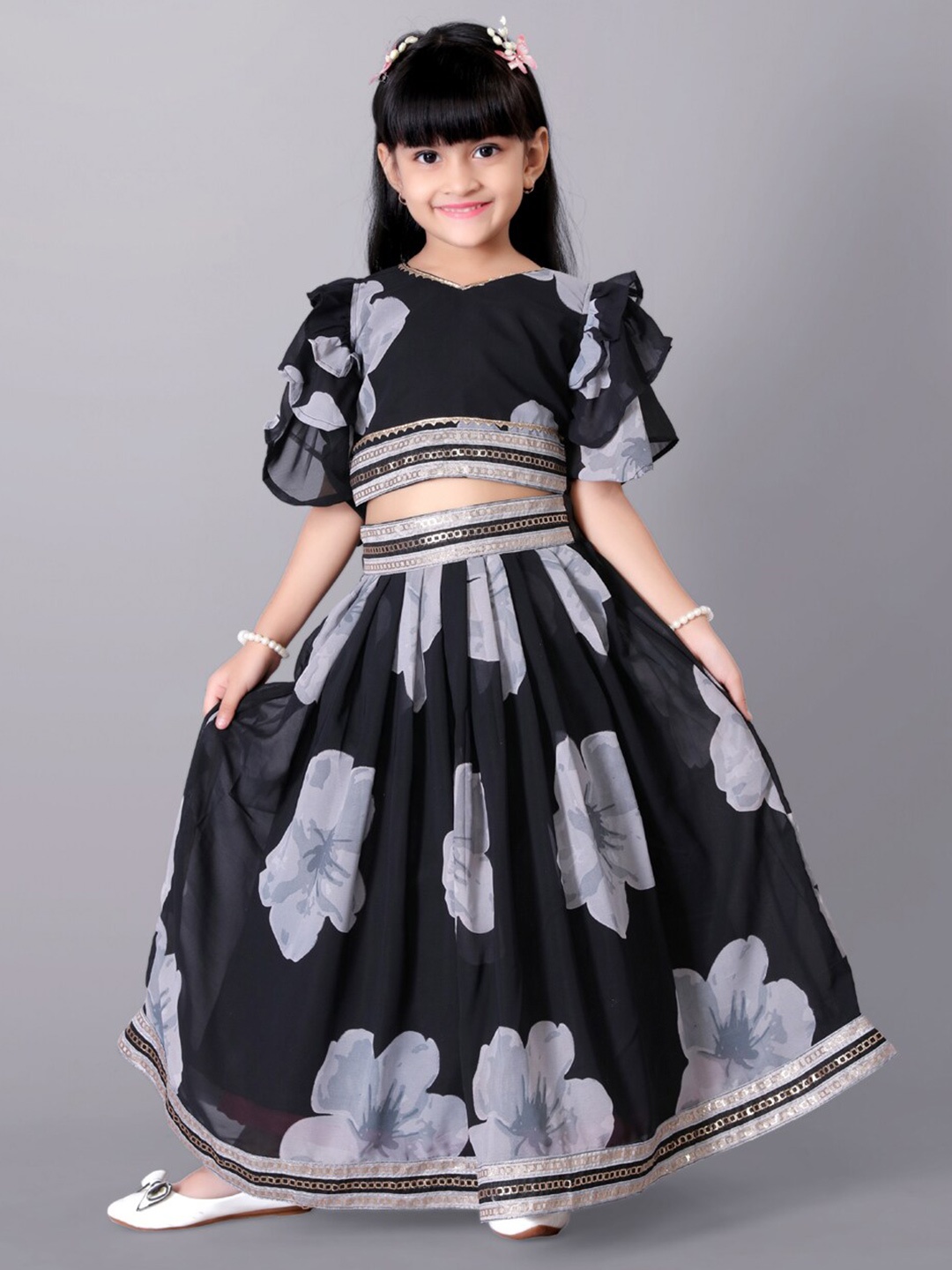 

BAESD Girls Printed Flared Sleeves Silk & Georgette Ready to Wear Lehenga With Blouse, Black