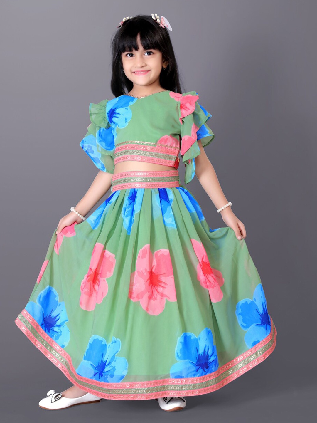 

BAESD Girls Printed Flared Sleeves Silk & Georgette Ready to Wear Lehenga With Blouse, Green