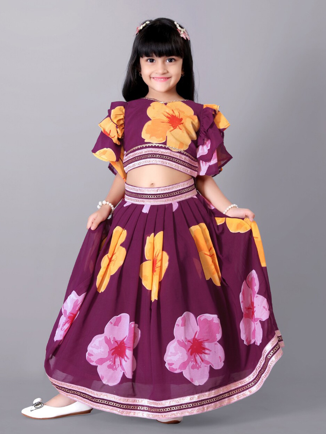 

BAESD Girls Printed Flared Sleeves Silk & Georgette Ready to Wear Lehenga With Blouse, Magenta