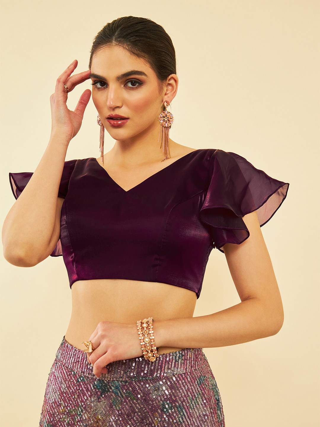 

Soch Organza Short Sleeves Saree Blouse, Purple
